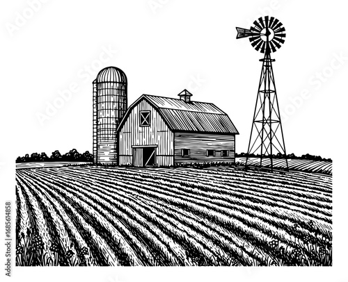 Barn Silo Windmill on Farm Field Landscape Black and White Outline Line Art Drawing Rural Scene