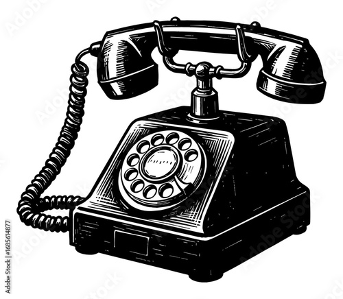 Retro Rotary Telephone Black and White Outline Line Art Drawing Engraving Style Classic Communication Object