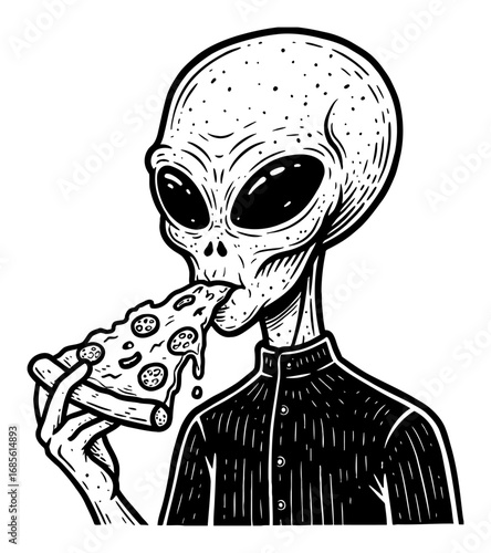 Humorous Alien Eating Pizza Cartoon Style Portrait Black and White Outline Line Art Drawing Illustration