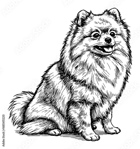 Adorable Fluffy Pomeranian Dog Sitting and Looking Forward in Black and White Outline Line Art Drawing