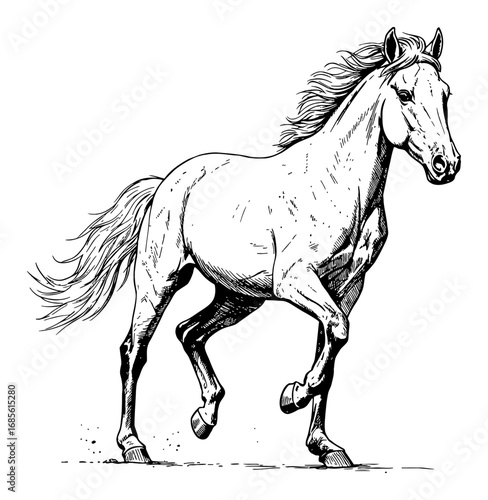 Vibrant White Horse Running and Galloping with Flowing Mane Black and White Outline Line Art Drawing