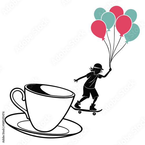 Silhouette of a boy skateboarding with balloons near a large teacup on a white background scene vector illustration