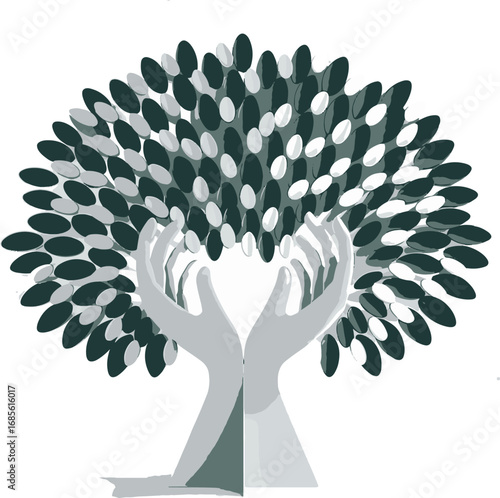 Nurturing the Green: A striking graphic symbolizes the harmony of nature and the nurturing embrace of life, depicting an interwoven tree cradled by supportive hands.
