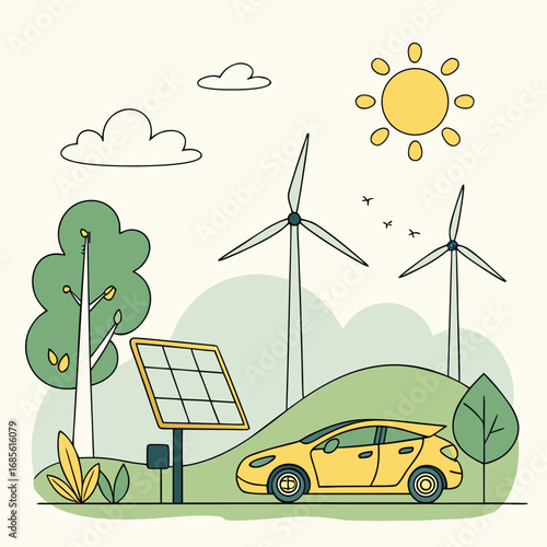 Eco friendly yellow electric car alongside solar panel and wind turbines under bright sun