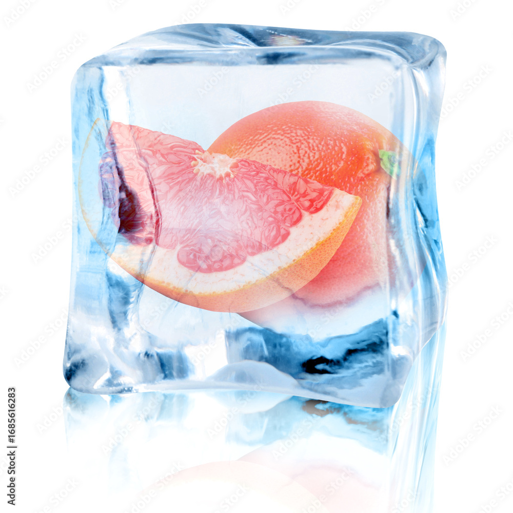 Fototapeta premium Fresh grapefruits inside ice cube on white background