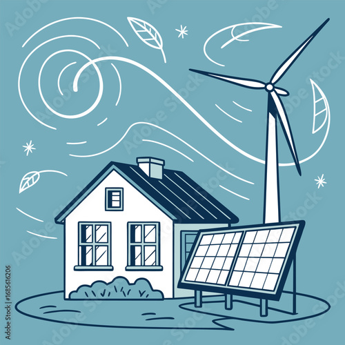 house demonstrates green energy with a solar panel and wind turbine on a blue background