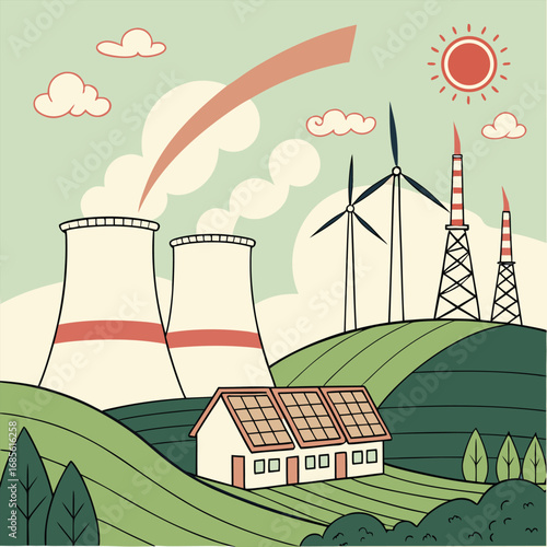 Power plant alongside wind turbines and house with solar panels atop green hills under the sun