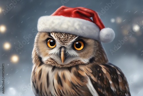 A cute owl wearing a festive Christmas hat, perched calmly in a winter setting, capturing the cozy charm of the holiday season. Generative AI