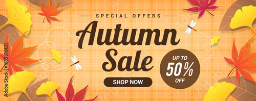 Autumn Sale 50% discount banner design vector illustration. Autumn leaves on orange tartan pattern background