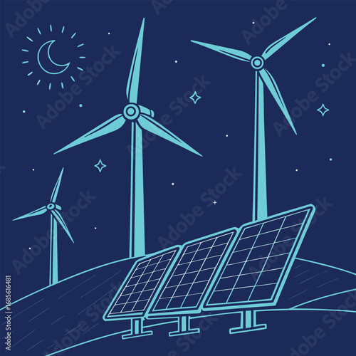 Solar panels and wind turbines under a starry crescent moon shine vibrantly against blue