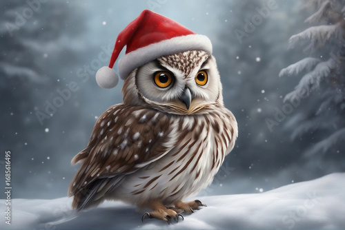 A cute owl wearing a festive Christmas hat, perched calmly in a winter setting, capturing the cozy charm of the holiday season. Generative AI
