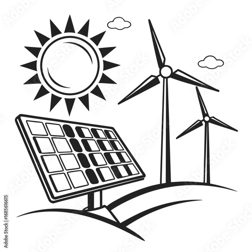 Sunlight falls on solar panels with wind turbines enhancing a sustainable lifestyle icon