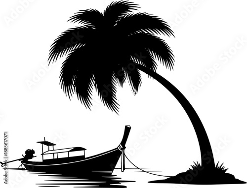 Tropical Island Silhouette: A captivating black and white silhouette of a tropical island scene, featuring a traditional boat moored peacefully beneath a gracefully leaning palm tree.