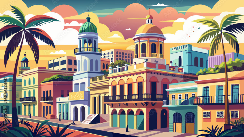 Fototapeta premium Havana’s Old Town, Cuba blends neoclassical architecture, pastel façades, lively plazas, and cobbled lanes, radiating the soul of Caribbean history, music, and cultural pride.