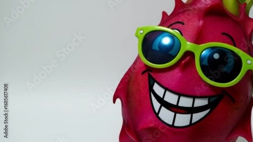 Eine rote Drachenfrucht mit Comic-Gesicht, lachend, mit Armen und Beinen in lustiger Pose – dargestellt auf weißem Hintergrund.