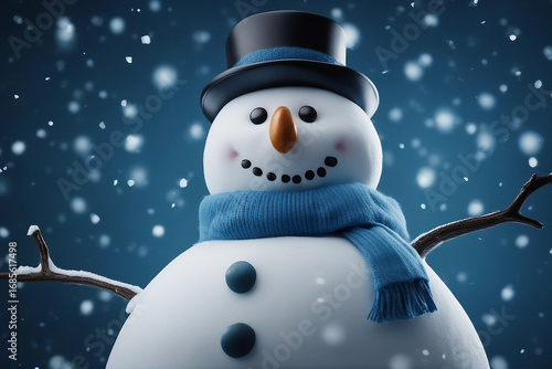 A cheerful snowman smiling on a snowy night, set against a dark blue backdrop. Generative AI