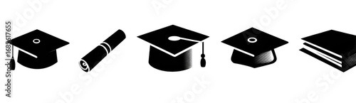 Four simple graduation cap silhouettes, black and white