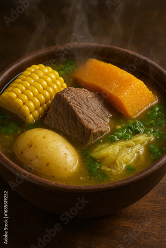 Traditional Chilean cazuela beef soup with potato, corn and pumpkin