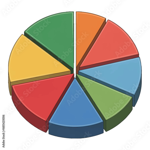 A colorful pie chart with 3D depth, isolated on white background.
