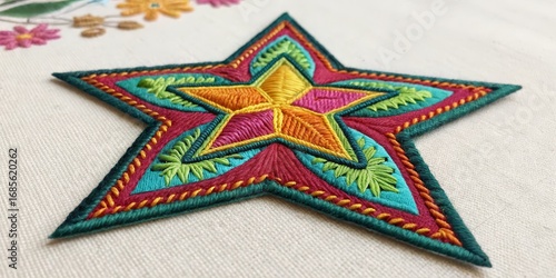 Colorful Embroidered Star Patch, Needlework ,Textile Art
