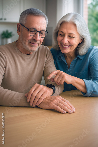 Senior couple with smartwatch