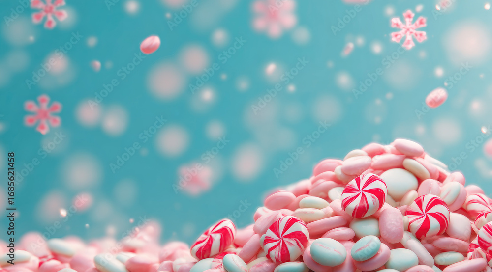 Obraz premium Pastel blue and pink abstract background with pile of round candy, including peppermint, creating dreamy, whimsical, and sweet atmosphere with floating flower shapes