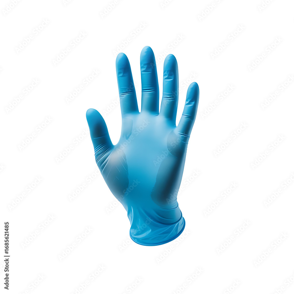 Obraz premium Single blue nitrile glove with fingers spread open isolated on transparent background