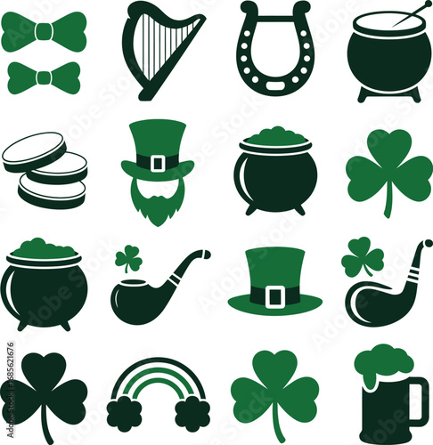 Saint Patrick's Day Icons with Shamrock Pot of Gold Harp clover leprechaun