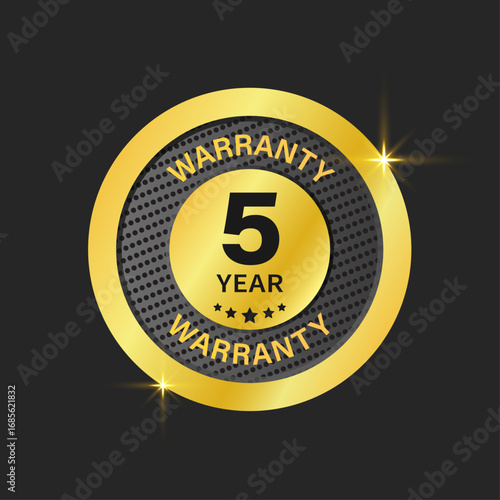 5 year warranty golden logo, premium seal, luxury certificate emblem, Five year warranty label, vector illustration.