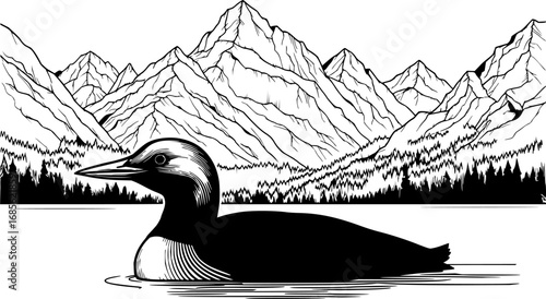 loon on a lake with a mountainous background engraving black and white outline