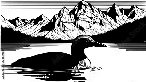 loon on a lake with a mountainous background engraving black and white outline