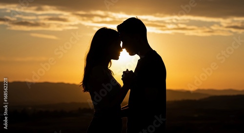 朝日をバックに男女が誓い合うシルエット
