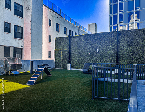 Photography Rooftop Artificial Turf Dog Park, Downtown LA - Dog Ramp, Stainless Steel Dog Wa