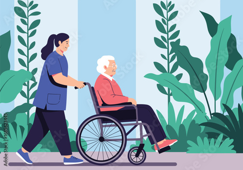 Elderly person in wheelchair receiving care and assistance outdoors