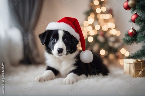 A border collie puppy in a red Christmas hat, eagerly waiting for santa claus. Generative AI