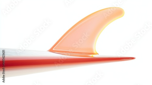 Close-up of a vibrant orange surfboard fin against a white background, showcasing sleek lines and design.