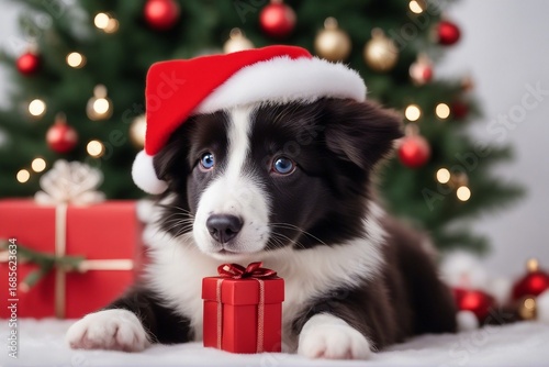 A border collie puppy in a red Christmas hat, eagerly waiting for santa claus. Generative AI