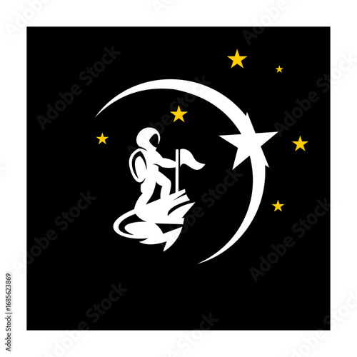 galaxy and astronaut logo vector icon illustration, with black background and stars