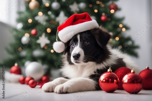 A border collie puppy in a red Christmas hat, eagerly waiting for santa claus. Generative AI