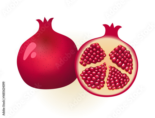 Creative 3D juicy pomegranate. Pomegranate in section with seeds. Cartoon style. Digital vector illustration with color effects and isolated clipping mask