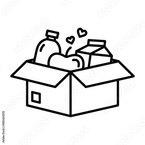 Black outline icon of an open box filled with food items and hearts grocery delivery