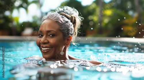 Senior African-American woman swimming in backyard pool, retirement active lifestyle