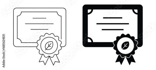Certificate with Leaf Seal Icon Set Black and White Outline Vector Keywords: certificate, diploma, award, recognition