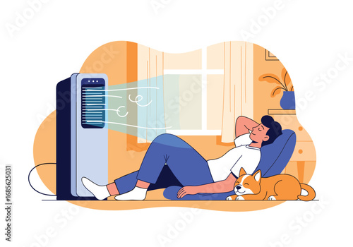 Man relaxing with dog enjoying cool air from portable air conditioner