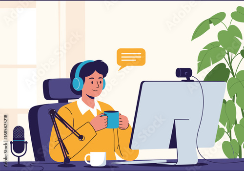 Podcaster recording audio content with microphone and computer setup