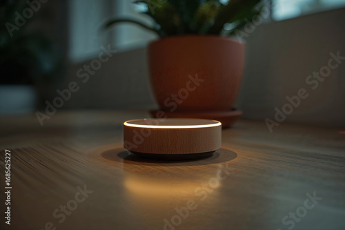 Modern smart speaker illuminated on wooden table surface with plant in background