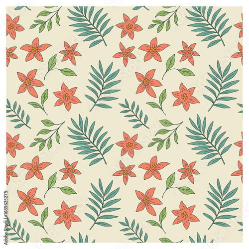 Floral Essence" features a charming combination of vibrant orange flowers and lush green fern leaves, set against a soft cream background. The playful arrangement of floral elements brings a fresh.