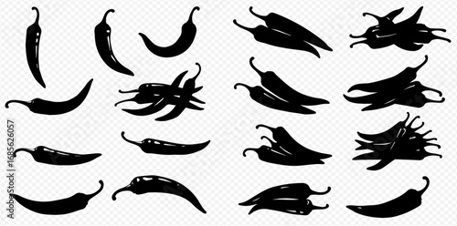 A diverse collection of black chili pepper silhouettes, featuring various shapes and arrangements on a transparent background.