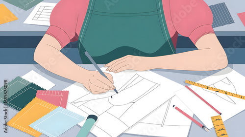 An illustration of a person sketching fashion designs on paper.