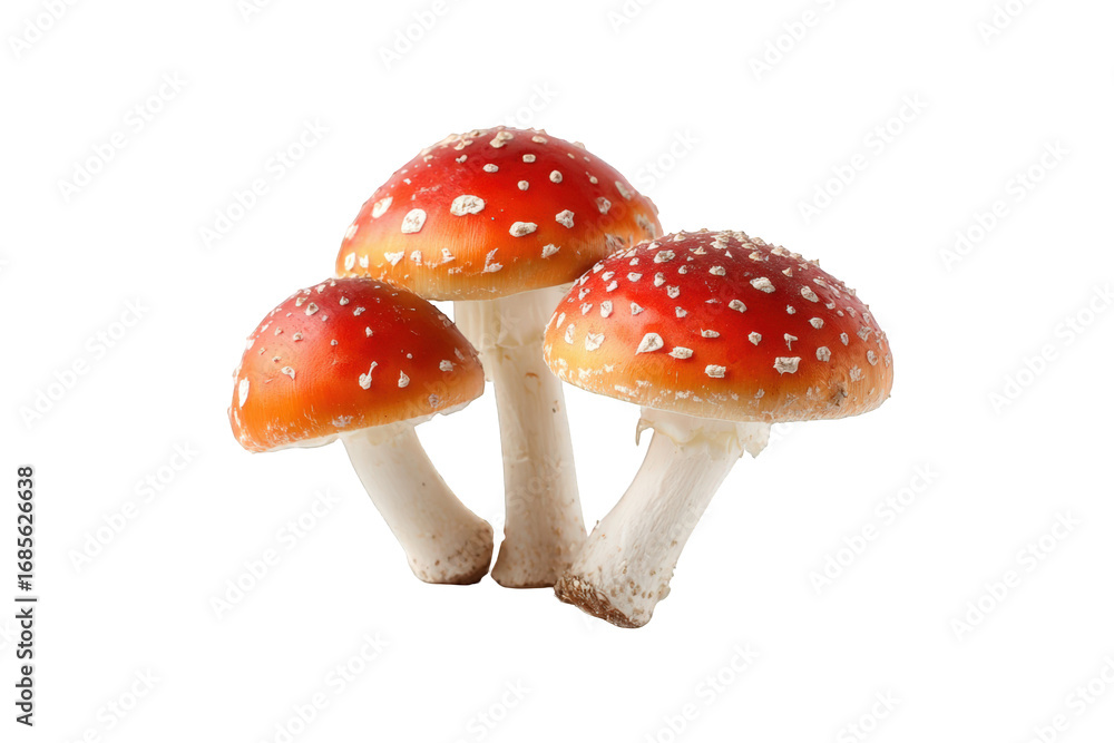 Obraz premium Three vibrant red and white mushrooms